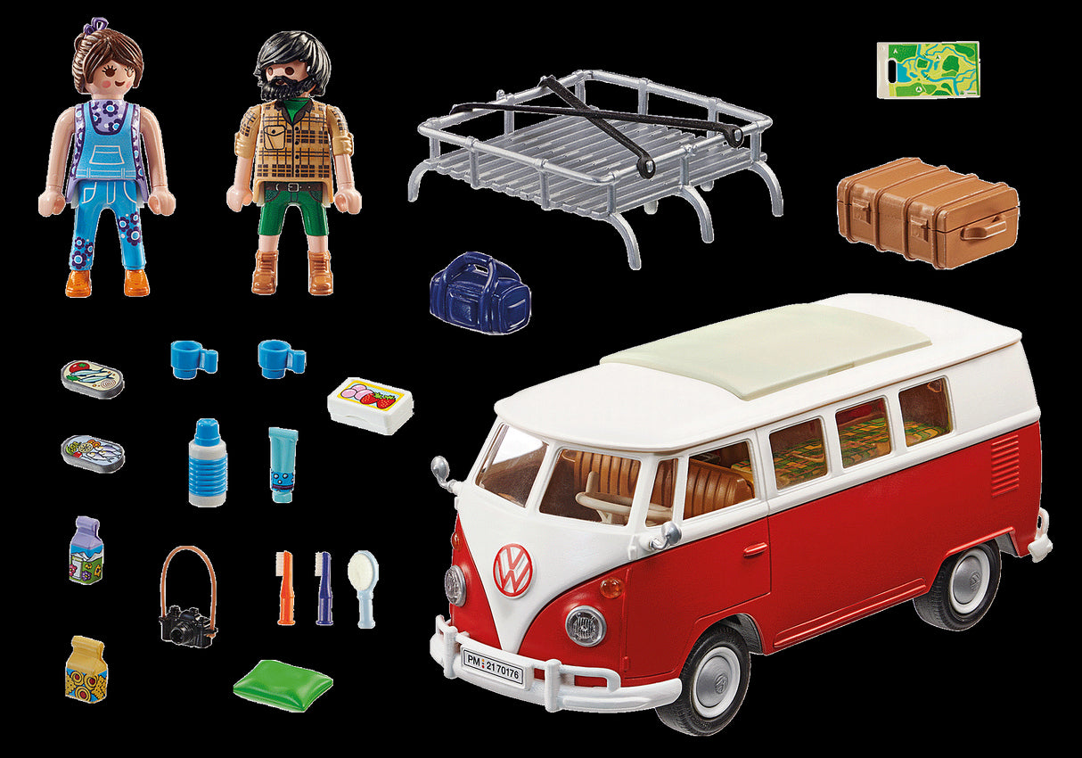 Playmobil Volkswagen T1 Camping Bus featuring a removable roof, detailed interior, and two figures for imaginative adventures.