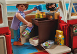 Playmobil Volkswagen T1 Camping Bus in red and white, featuring a detailed interior, removable roof, and two figures for imaginative play.