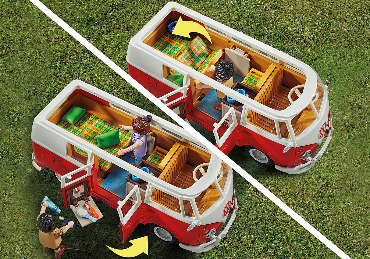 Playmobil Volkswagen T1 Camping Bus with red and white design, removable roof, and detailed interior for imaginative play.
