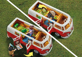 Playmobil Volkswagen T1 Camping Bus with red and white design, removable roof, and detailed interior for imaginative play.