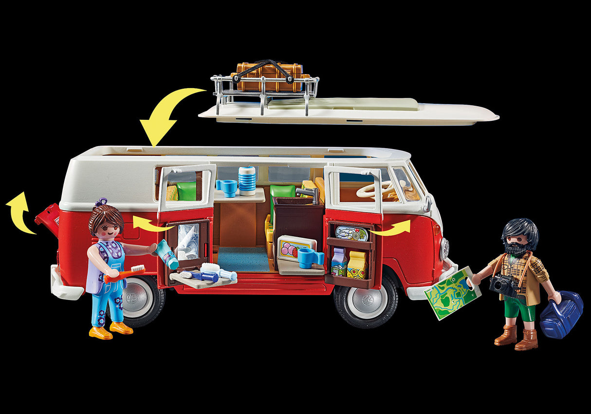Playmobil Volkswagen T1 Camping Bus, red and white, features removable roof, detailed interior, and includes two figures for imaginative play.
