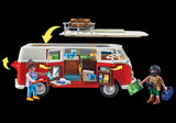 Playmobil Volkswagen T1 Camping Bus, red and white, features removable roof, detailed interior, and includes two figures for imaginative play.