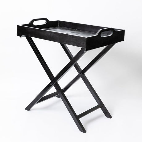 Butlers tray with folding stand in sleek black, ideal for serving and organizing, measuring L 70 x W 50 x H 73cm.