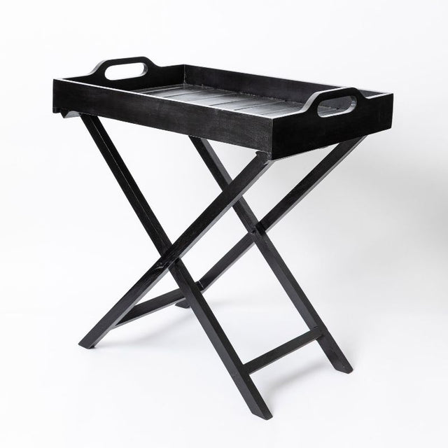 Butlers tray with folding stand in sleek black, ideal for serving and organizing, measuring L 70 x W 50 x H 73cm.