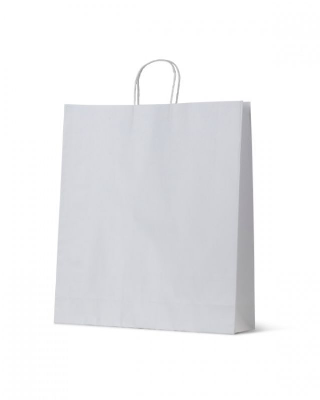 White Kraft large paper bags with serrated edges, eco-friendly, durable, perfect for retail, gift-giving, and branding.