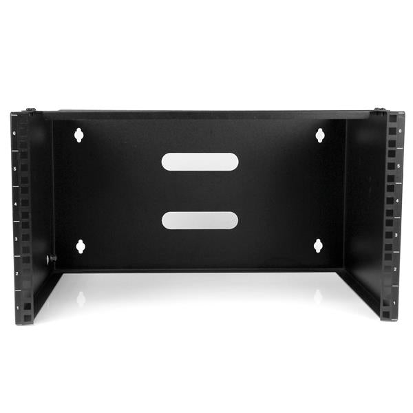 Durable 6U wall mounting bracket for patch panels, designed for efficient storage in small spaces with included hardware.