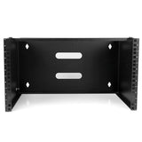 Durable 6U wall mounting bracket for patch panels, designed for efficient storage in small spaces with included hardware.