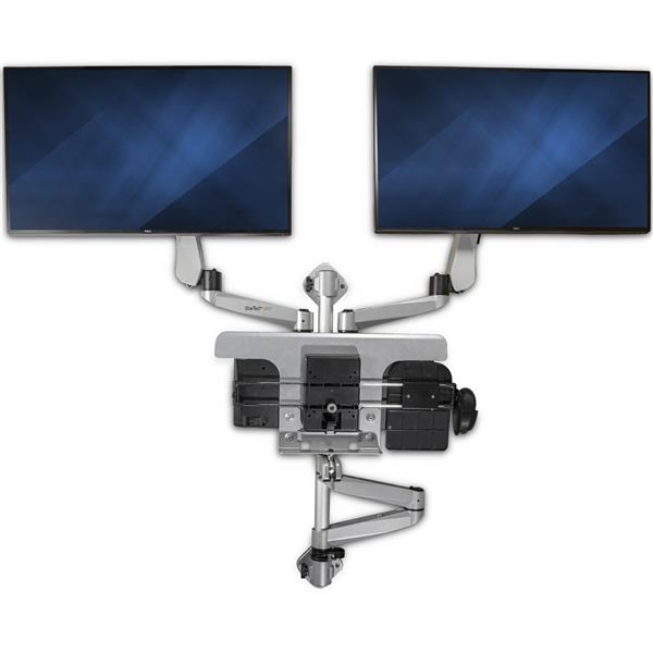 Wall-mounted dual monitor workstation with adjustable arms, ergonomic keyboard tray, and versatile viewing angles for productivity.