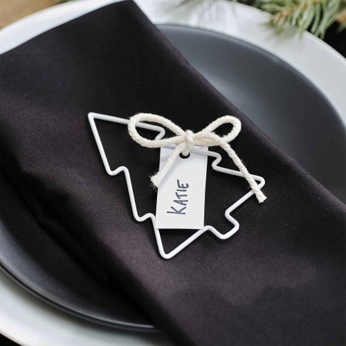 Modern wire tree place card holders for Christmas dining, eco-friendly, includes twine and customizable cards.