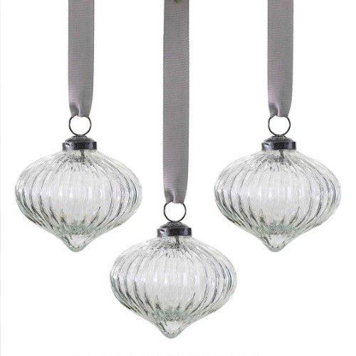 Elegant 8cm ribbed glass tree decorations in white, perfect for adding sophistication to holiday decor.