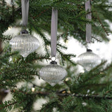 Elegant set of three 8cm ribbed glass tree ornaments, perfect for adding charm to your Christmas tree decor.