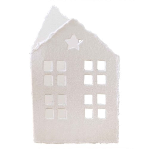 White Christmas cotton paper house place cards, eco-friendly, 6-pack, elegant design for holiday dining decor.