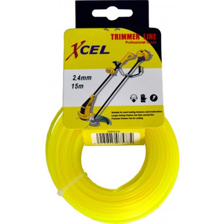 Premium yellow trimmer line, 15m x 2.4mm, designed for efficient grass and weed cutting, compatible with various weedeater models.