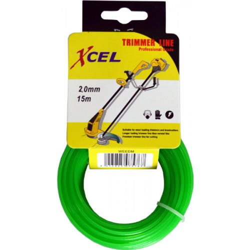 Vibrant green 15m Xcel trimmer line, 2.0mm thick, engineered for durable and efficient lawn weed maintenance.