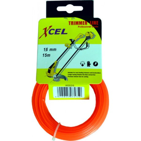 Vibrant orange Xcel trimmer line for weedeaters, 15m long and 1.6mm thick, designed for efficient lawn maintenance and durability.