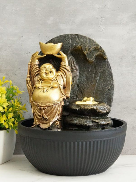 Water feature featuring a 25cm Buddha, designed for tranquility with flowing water and warm white light, ideal for small spaces.