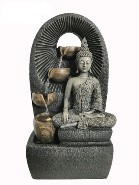 Outdoor water feature showcasing a 60cm Meditating Buddha statue with warm white light, ideal for serene garden decor.