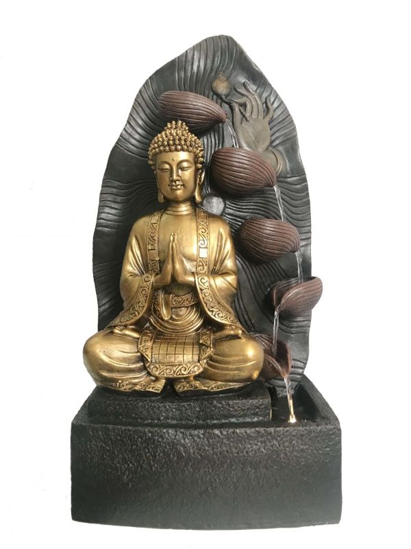 Gold Buddha meditating water feature (71cm) adds elegance and tranquility to outdoor spaces with warm-white light and soothing sounds.