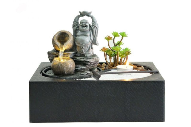 Serene 29cm Lucky Buddha water feature with flowing water and warm-white light, perfect for relaxation and tranquility.