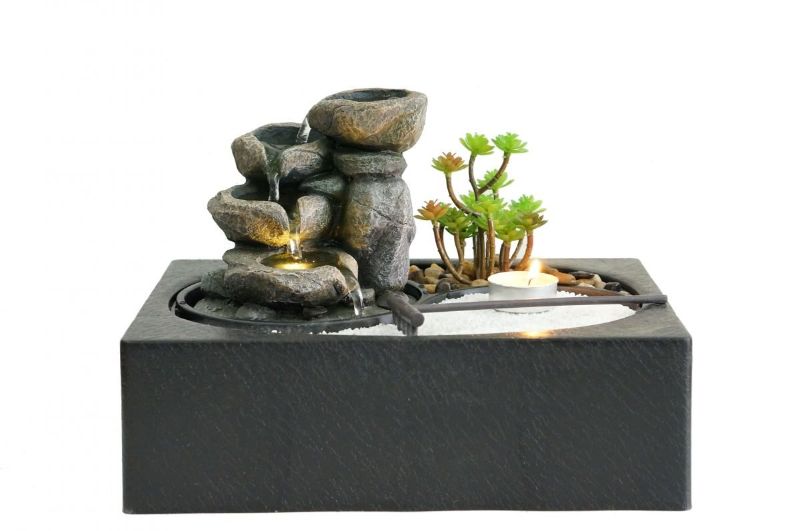 Zen Garden Water Feature, 29cm tall, with soft cascading water, warm-white LED light, ideal for relaxation and mindfulness.