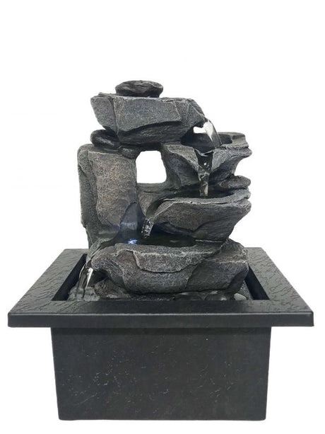 Rocky Pools Water Feature (21cm) with cascading waterfalls and warm-white light for serene ambiance indoors or outdoors.