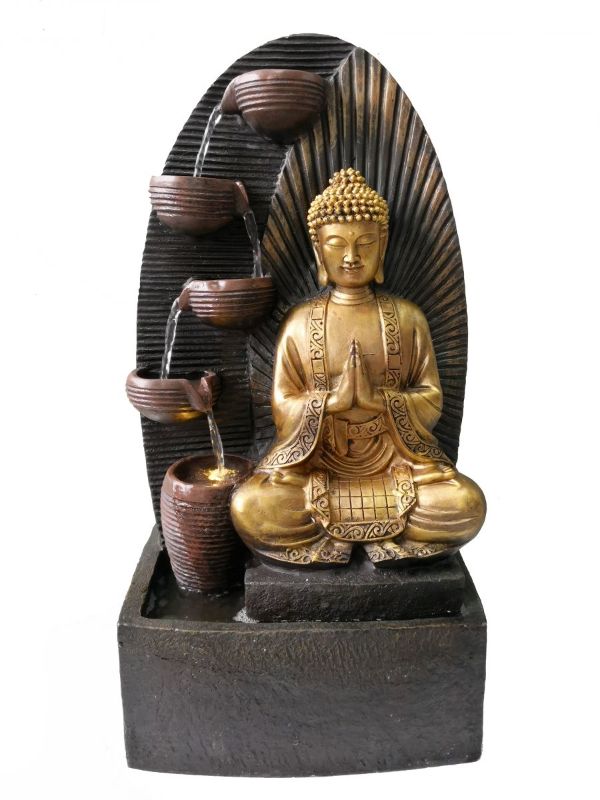 Outdoor water feature featuring a 70cm Meditating Buddha, with flowing water and warm white light for serene ambiance.