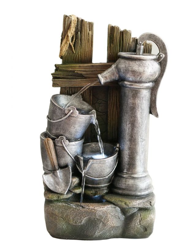 Outdoor water feature with barrels and spouts, cascading water, warm white light, compact size for serene patios or gardens.