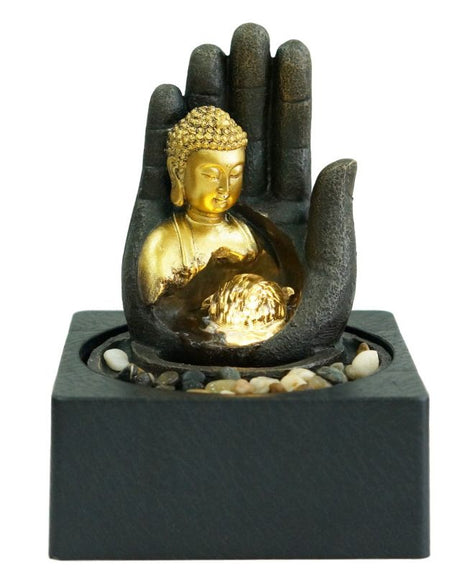 Buddha water feature with meditating hand, 25cm tall, emitting warm light and soothing sounds for relaxation and serenity.