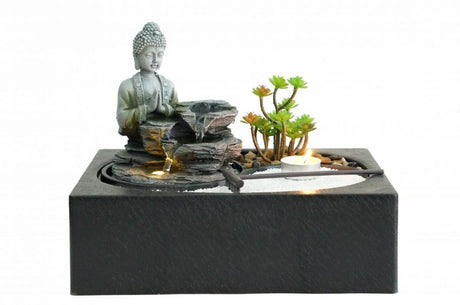 Zen Garden Buddha water feature (29cm) with flowing water, warm white light, and detailed Buddha figure for tranquility.