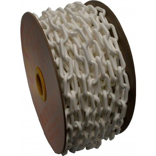 White plastic chain reel, 8mm x 25M, versatile for barriers, crowd control, and crafts, lightweight and durable.