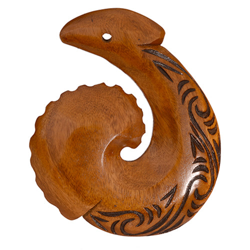 Handmade mahogany wood fish hook hanging ornament, intricately carved and burned, symbolizing good fortune and safe travels.