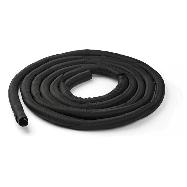 Flexible 15' trimmable cable management sleeve in durable polyester and nylon fabric for organizing multiple cables easily.