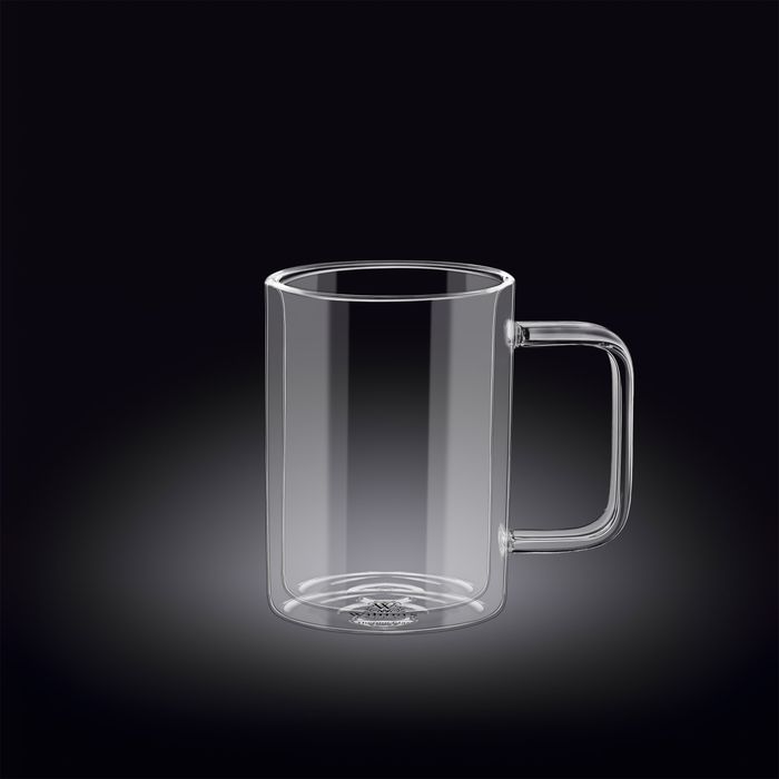 Elegant 300ml double-walled thermo glass cup for hot and cold drinks, showcasing beverages with its crystal-clear design.