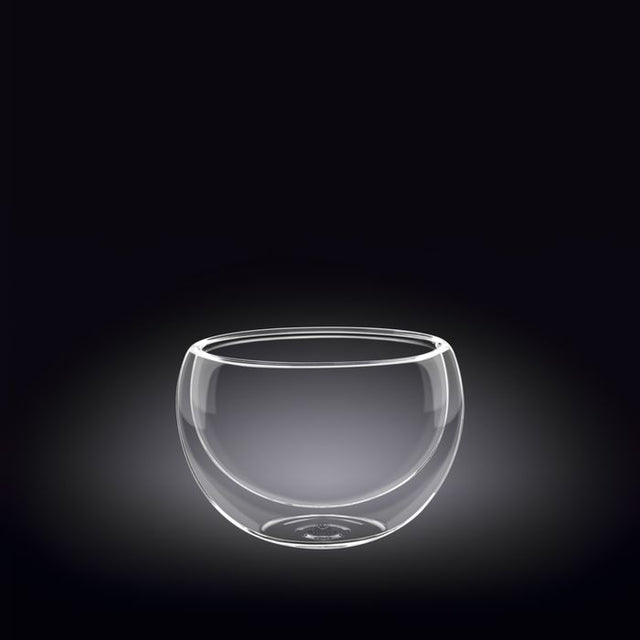 Clear thermo glass bowl (250ml) with double wall for temperature insulation, perfect for serving hot or cold foods.