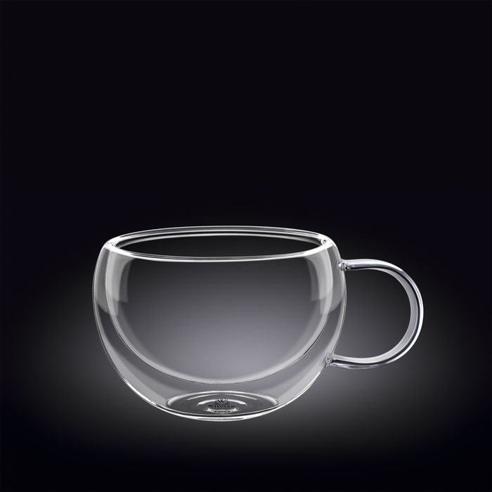 Elegant double-wall thermo glass cup (400ml) for hot or cold drinks, showcasing beverages without burns or condensation.