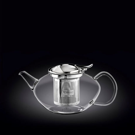 Elegant 650ml thermo glass teapot with stainless steel lid, perfect for showcasing and brewing a variety of teas.