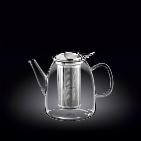 Elegant 600ml thermo glass teapot with stainless steel lid, perfect for brewing hot or iced tea while showcasing vibrant colors.