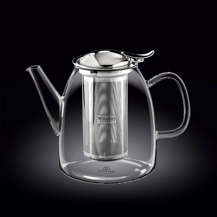 Elegant thermo glass tea pot with stainless steel lid, 1450ml capacity, perfect for hot or cold beverages.