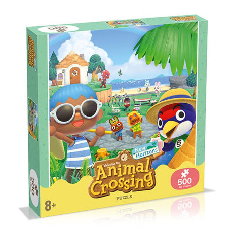 Animal Crossing 500pc Puzzle featuring beloved characters enjoying island life activities amidst vibrant tropical artwork.