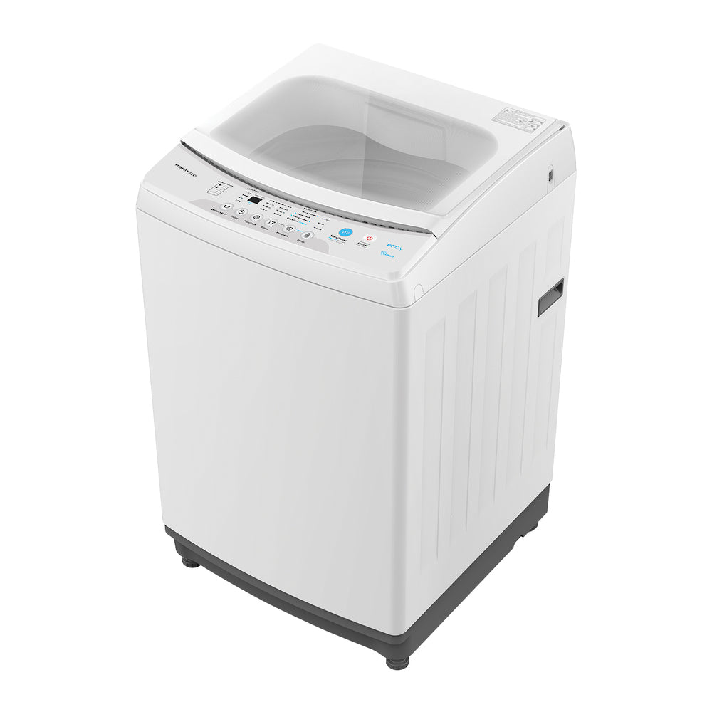 Top-loading 10KG Parmco washing machine in white, featuring 8 wash programs, child lock, and efficient cleaning technology.