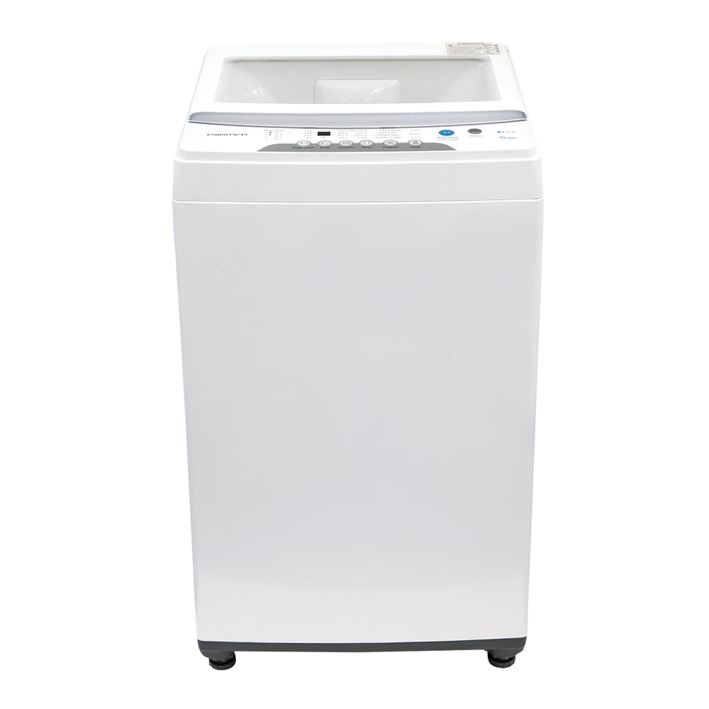 Top-load Parmco 5.5KG washing machine in white with 8 wash cycles, child lock, and efficient cleaning features.