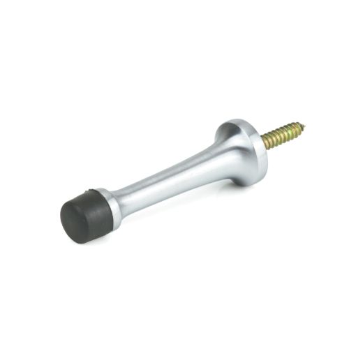 Wall-mounted door stop in solid brass with satin chrome finish, designed to protect walls and doors while enhancing decor.