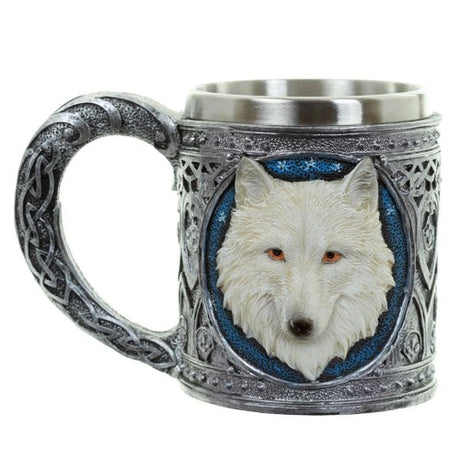 Decorative white wolf tankard, 15cm tall, featuring intricate wolf design for home decor or functional use.