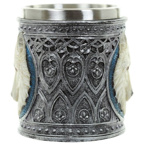 Decorative white wolf tankard, 15cm tall, featuring a detailed wolf design for drinks or display in any decor.