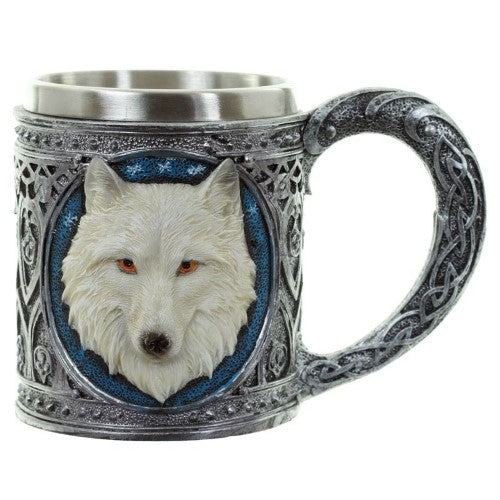 Decorative white wolf tankard, 15cm tall, featuring a detailed wolf design, perfect for display or drinking.