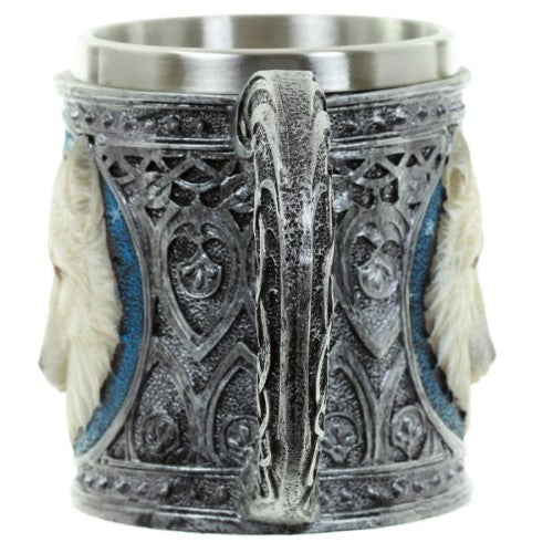 Decorative white wolf tankard, 15cm tall, features intricate wolf design, perfect for drinks or as an eye-catching decor piece.