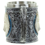 Decorative white wolf tankard, 15cm tall, features intricate wolf design, perfect for drinks or as an eye-catching decor piece.