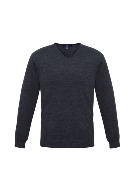 Men's charcoal Milano pullover in size L with V-neck, ribbed panels, 50% wool blend, and machine-washable fabric.