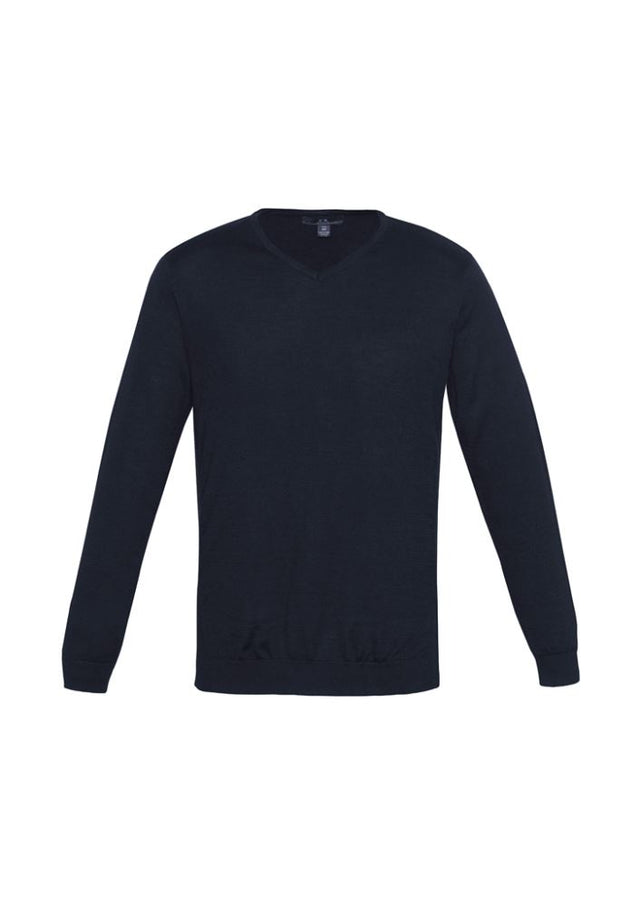 Men's 5XL Milano Pullover in navy, made of wool-acrylic blend, featuring V-neck and ribbed details for comfort and style.