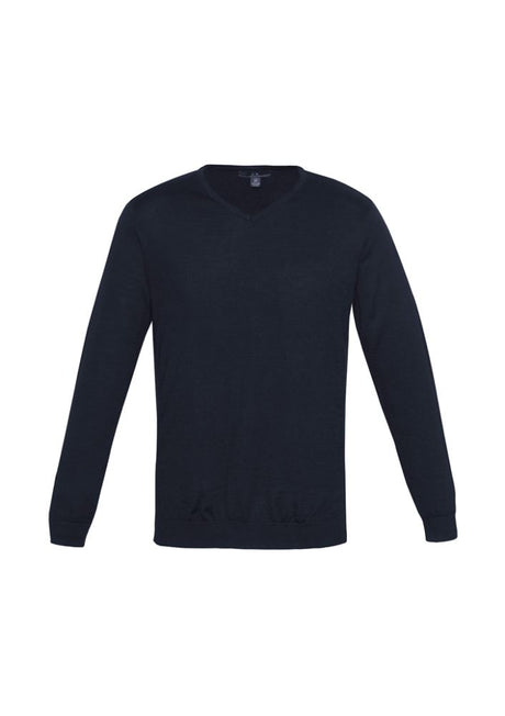 Men's Milano Navy Pullover in size L, featuring a V-neck, ribbed side panels, blend of wool and acrylic for comfort.